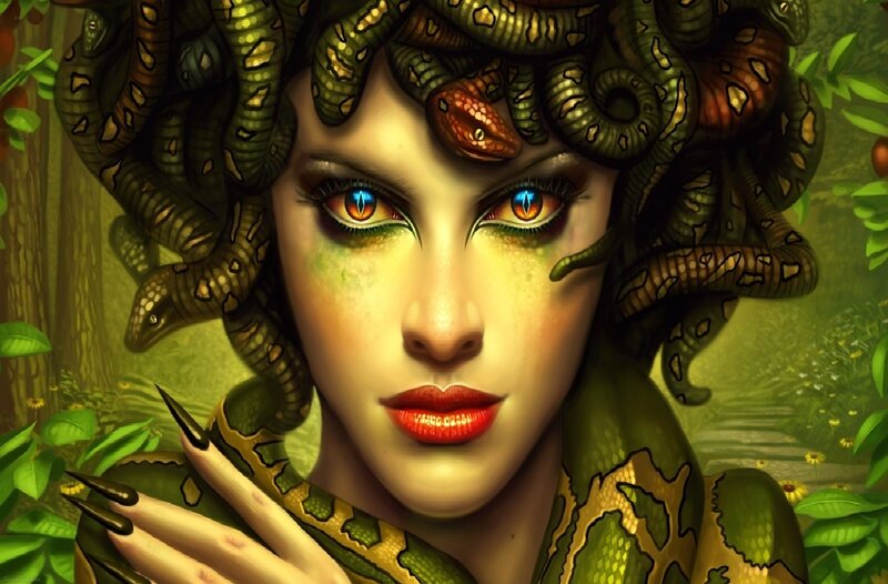 Medusa with Snakes — Green, Dramatic, Digital Art, Forest, Eyes