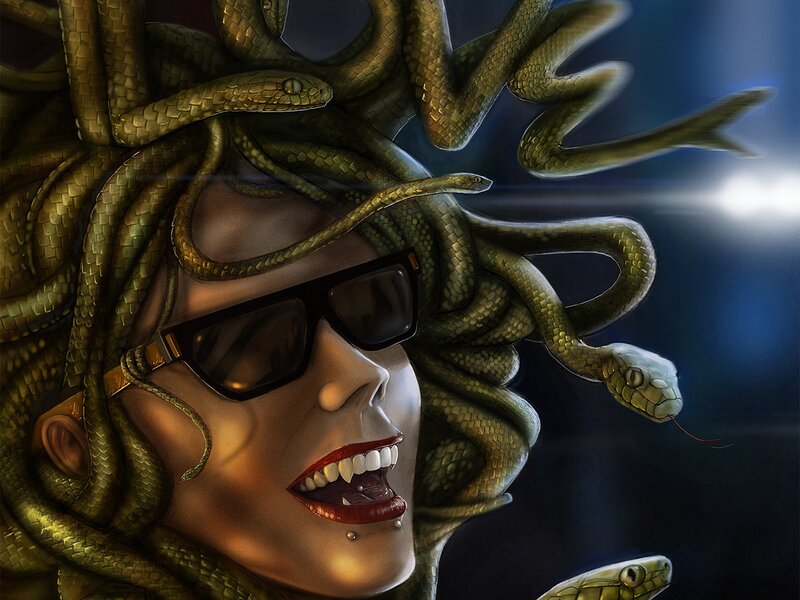 Medusa with Snakes — Green, Dramatic, Digital Art, Sunglasses