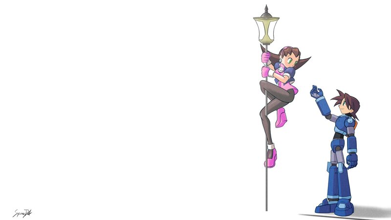 Mega Man and Roll on a lamp post