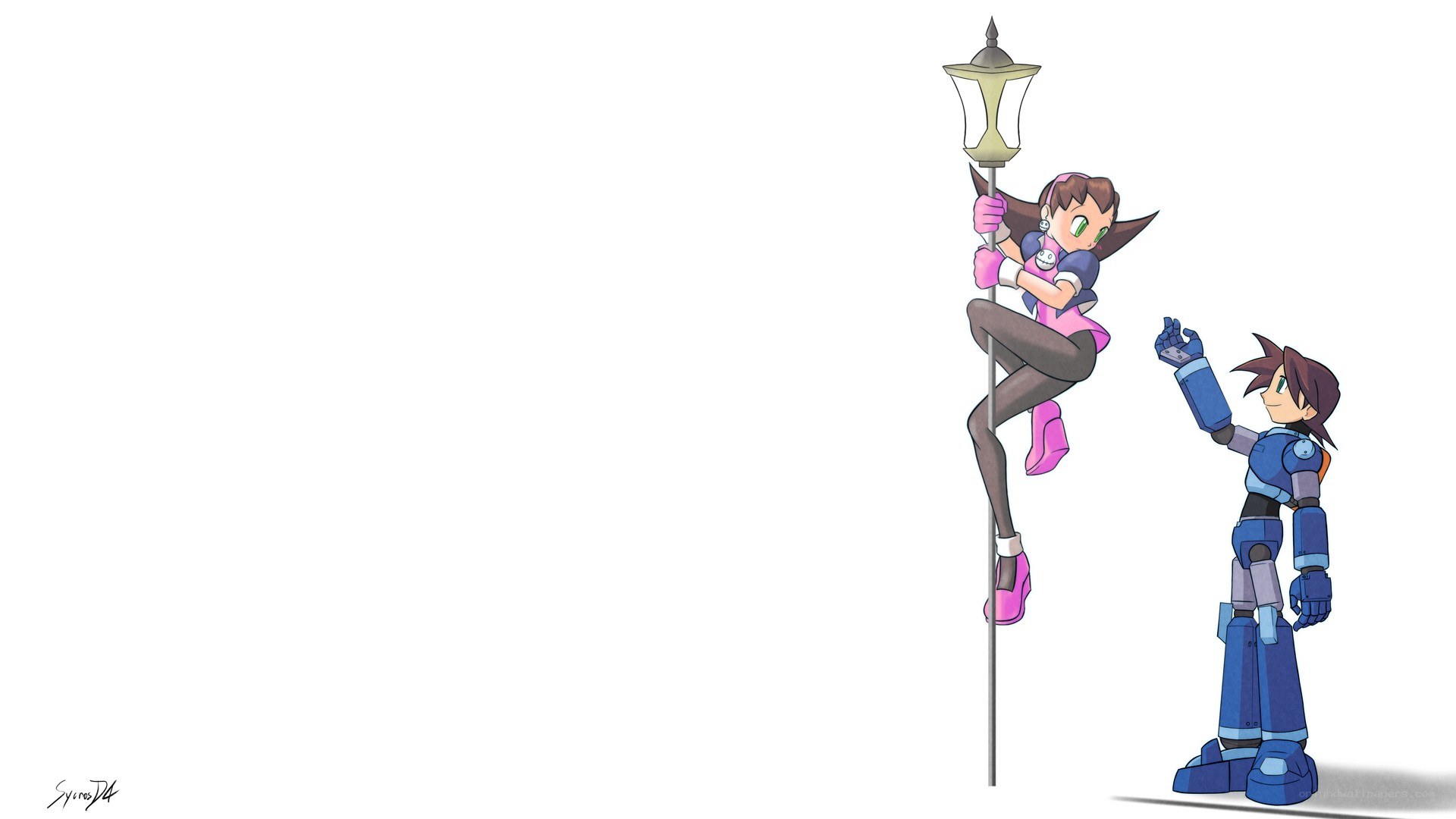 Mega Man and Roll on a lamp post