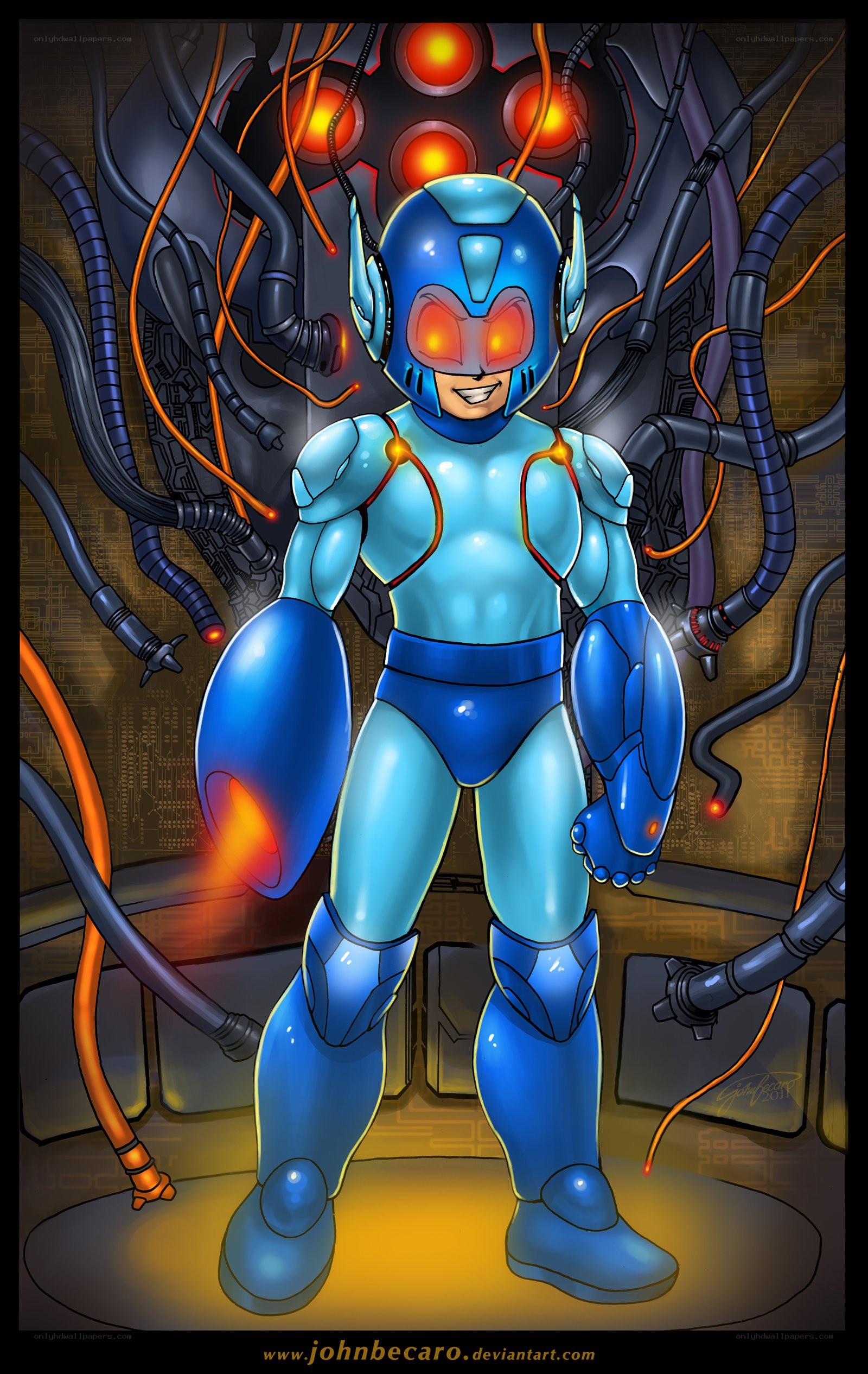 Mega Man in a mechanical chamber