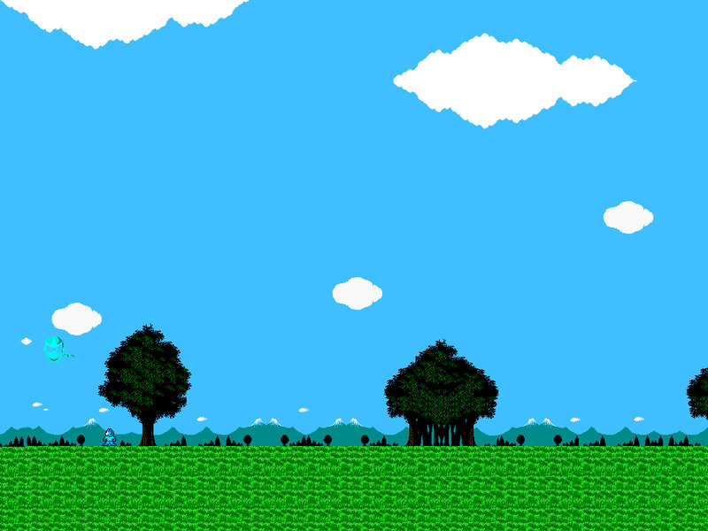 Mega Man in a pixelated landscape