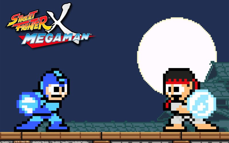 Mega Man vs Ryu in pixel art