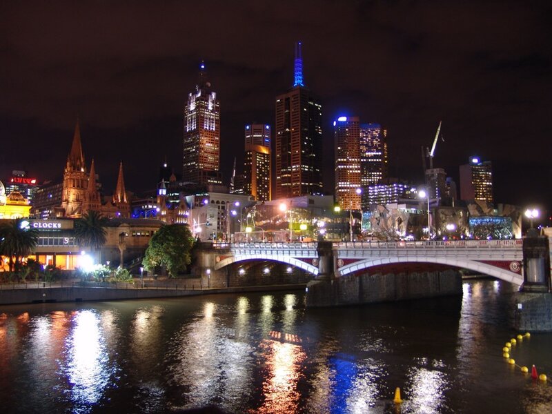 Melbourne City Skyline — Black, Dramatic, Night, Photograph, Bridge