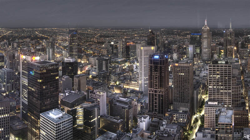 Melbourne City Skyline — Black, Dramatic, Night, Photograph, Skyscrapers, City Lights