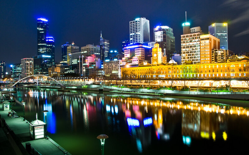 Melbourne City Skyline — Blue, Calm, Night, Photograph, River, Buildings