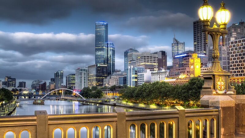 Melbourne City Skyline — Blue, Dramatic, Night, Photograph, River, Bridge, Street Lamp