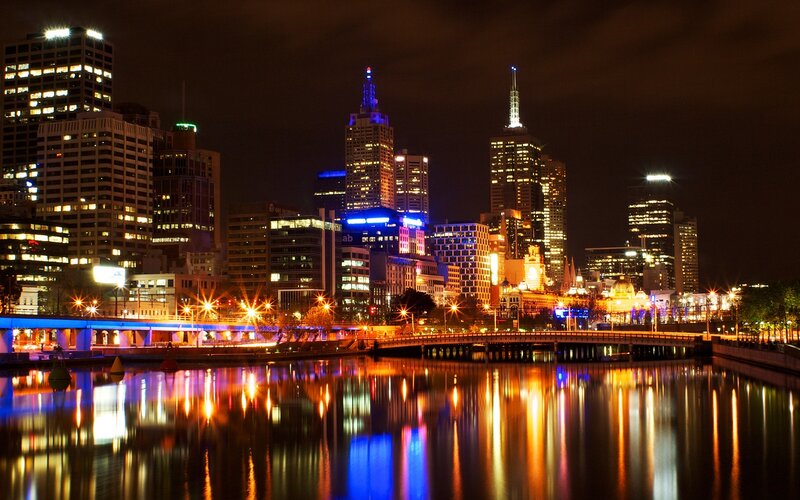 Melbourne City Skyline — Blue, Dramatic, Night, Photograph, River, Bridge