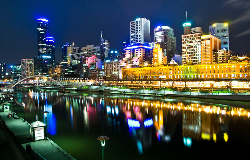Melbourne City Skyline — Blue, Dramatic, Night, Photograph, River, Buildings, Bridge