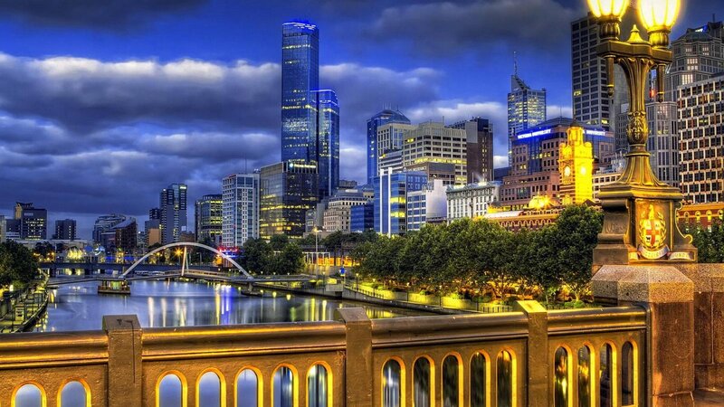Melbourne City Skyline — Blue, Dramatic, Night, Photograph, River
