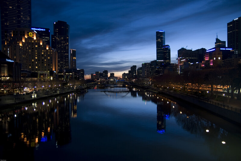Melbourne City Skyline — Blue, Serene, Night, Photograph, River, Skyscrapers