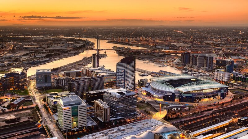 Melbourne City Skyline — Orange, Dramatic, Sunset, Photograph, River, Stadium, Skyscrapers, Blue