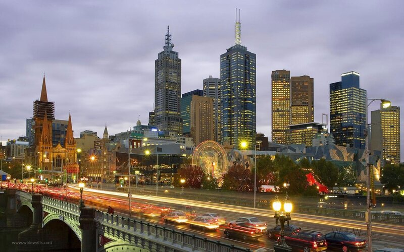 Melbourne City Skyline — Purple, Dramatic, Night, Photograph, Skyscrapers, Bridge