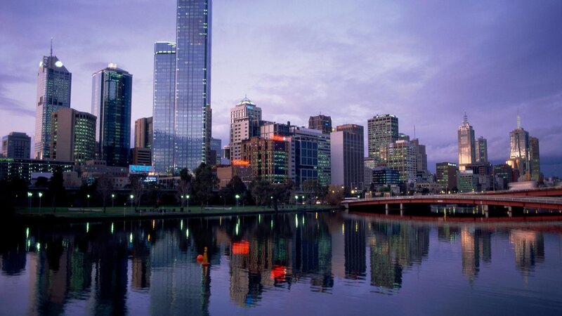 Melbourne City Skyline — Purple, Serene, Sunset, Photograph, River, Bridge