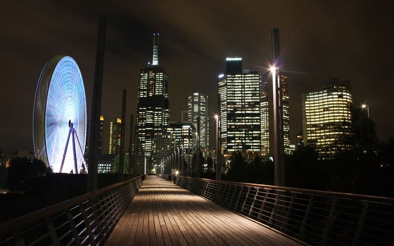 Melbourne Skyline at Night — Black, Calm, Photograph, Ferris Wheel