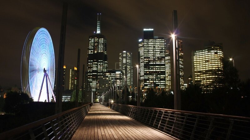 Melbourne Skyline at Night — Black, Serene, Photograph, Ferris Wheel