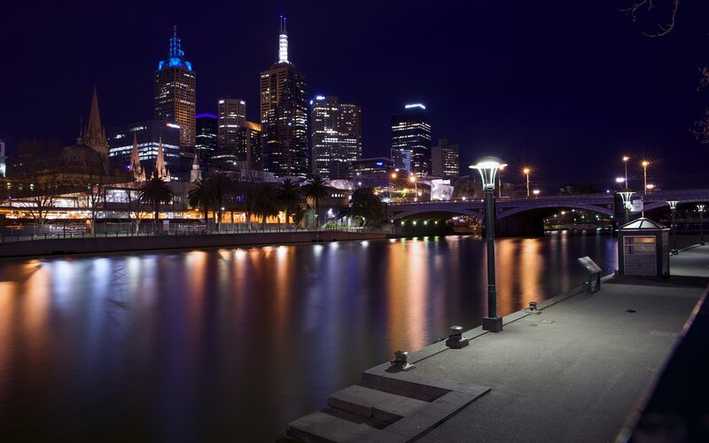 Melbourne Skyline at Night — Black, Serene, Photograph, River, Bridge, Skyscrapers
