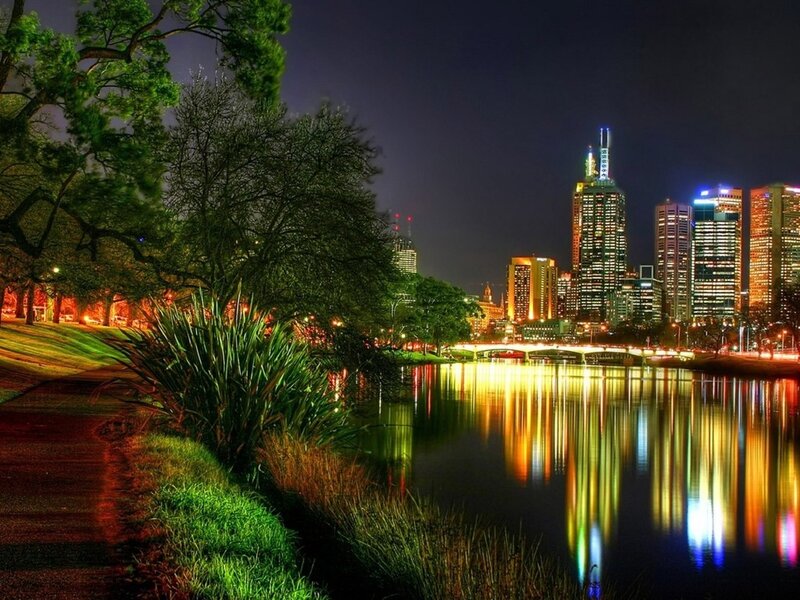 Melbourne Skyline at Night — Black, Serene, Photograph, River