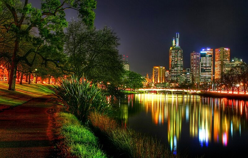 Melbourne Skyline at Night — Black, Serene, Photograph