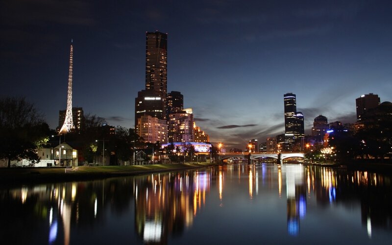 Melbourne Skyline at Night — Blue, Serene, Photograph, River, Bridge, Skyscrapers, Black