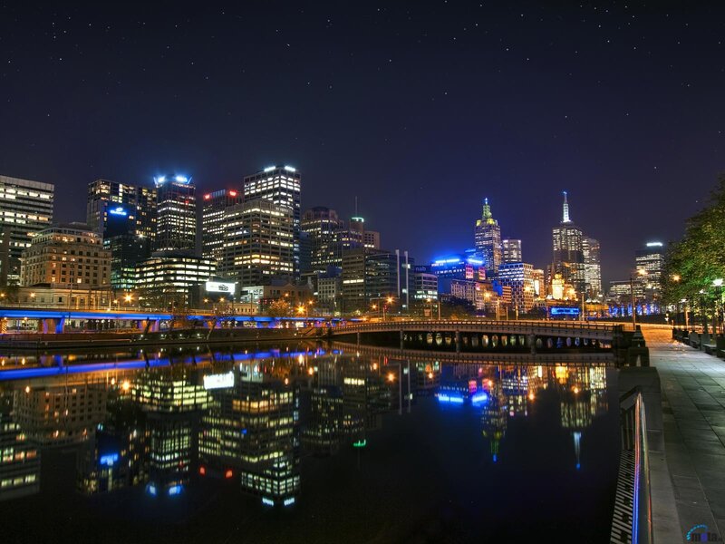 Melbourne Skyline at Night — Blue, Serene, Photograph, River