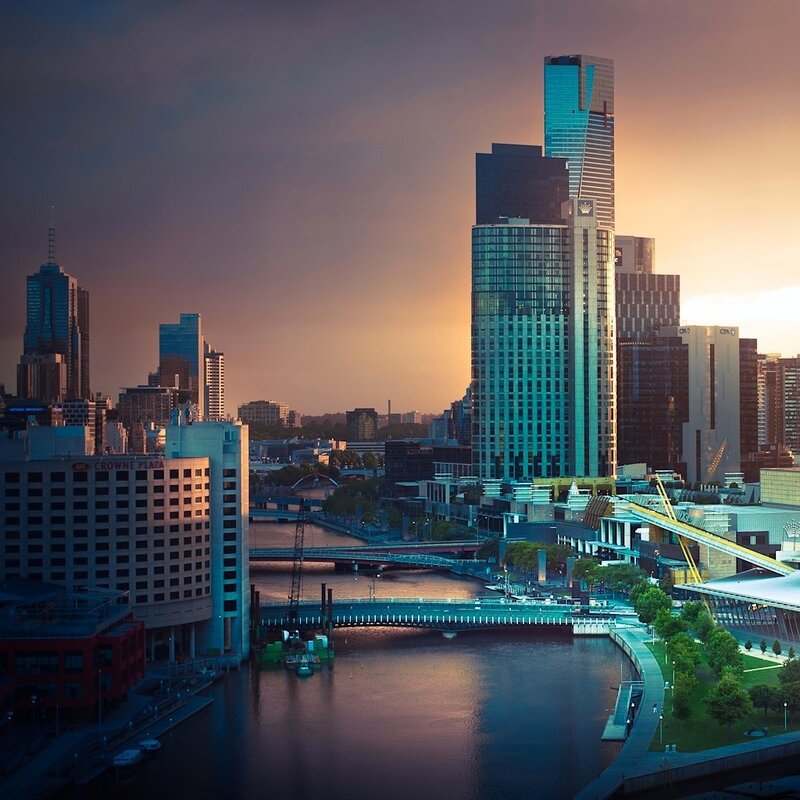Melbourne skyline at sunset