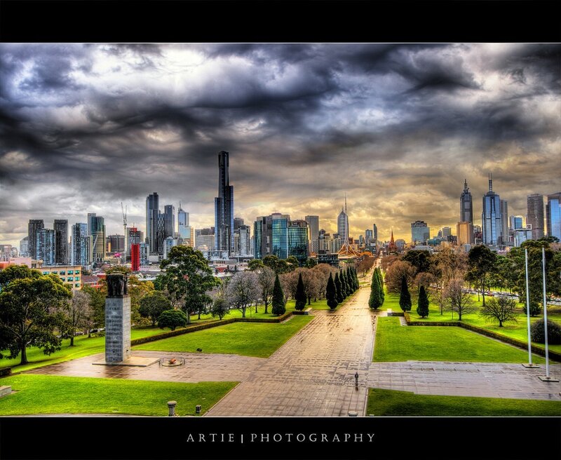 Melbourne skyline under stormy sky