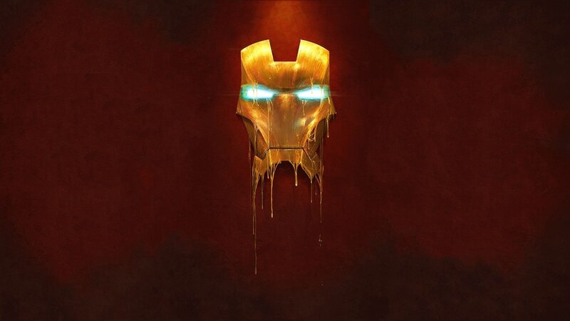 Melting Iron Man Helmet — Gold, Dramatic, Digital Art