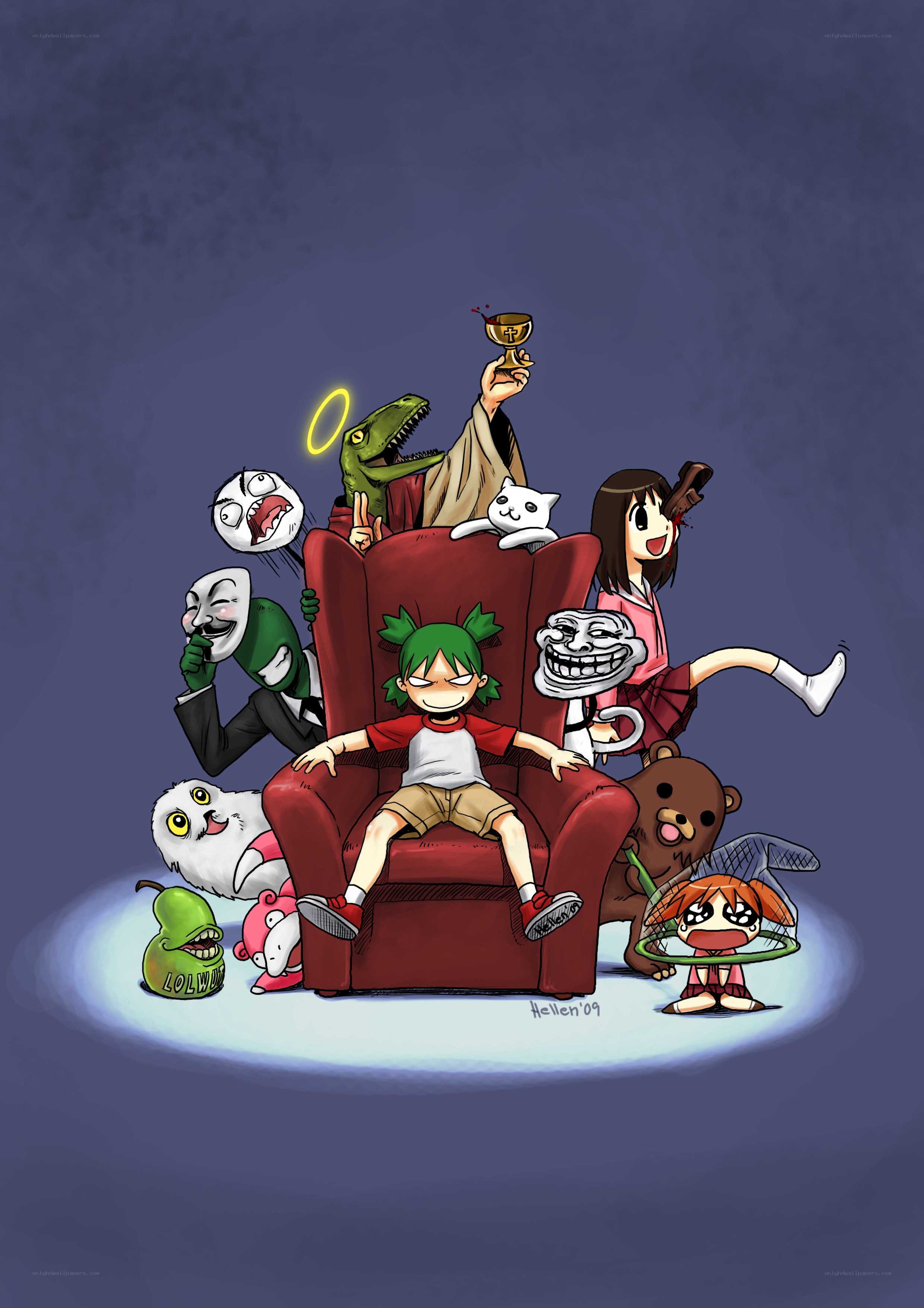 Meme characters gathered around a chair