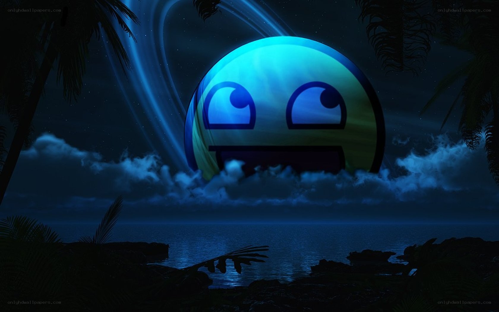 Meme moon over tropical beach