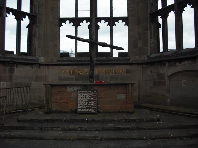 Memorial cross in ruined church
