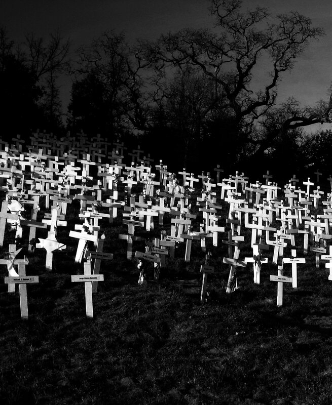 Memorial crosses at night