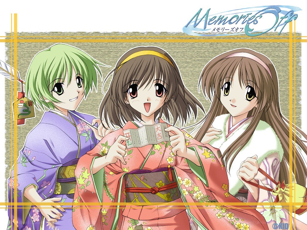 Memories Off characters in kimonos