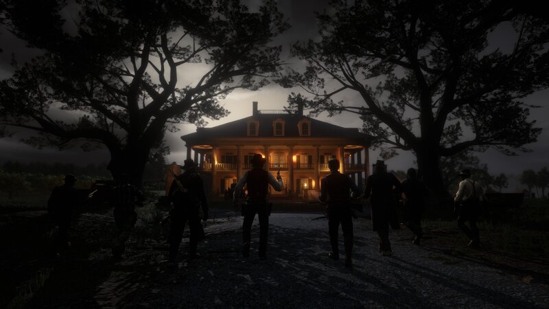 Men Approaching House — Black, Dark