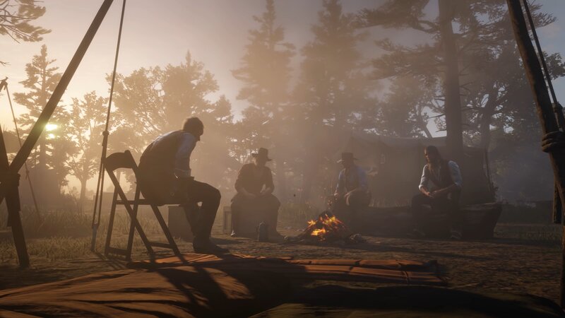 Men Around Campfire — Brown, Serene