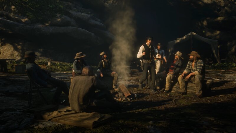 Men Around Campfire — Brown