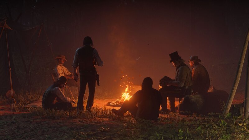 Men Around Campfire — Orange