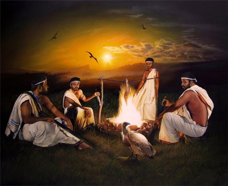 Men Around Campfire — Yellow