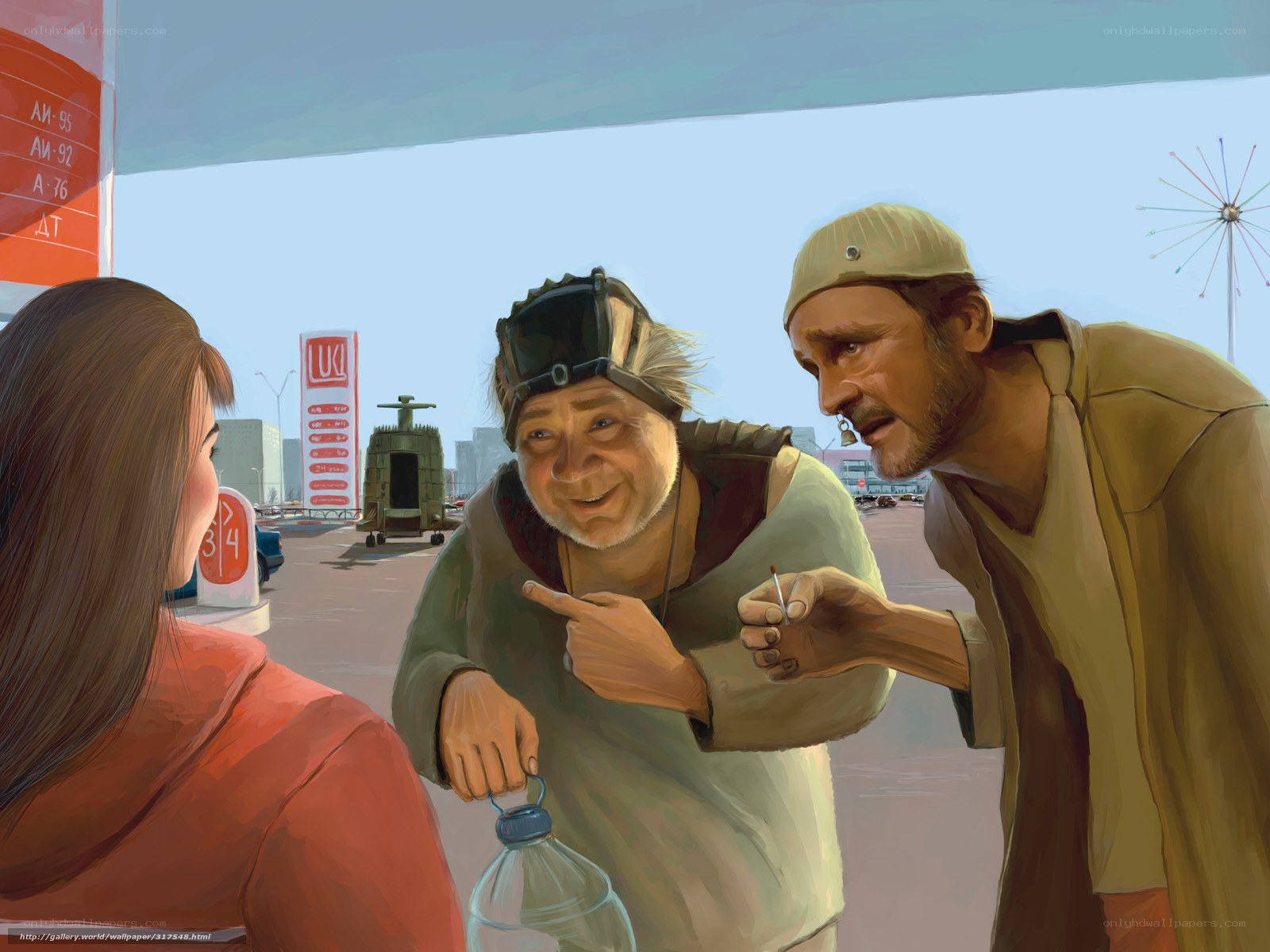 Men at gas station with woman