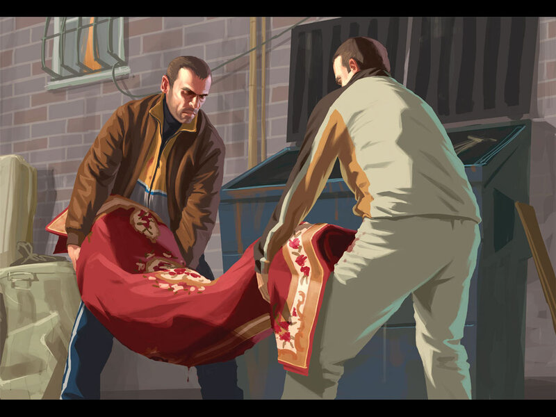 Men carrying a body in a rug