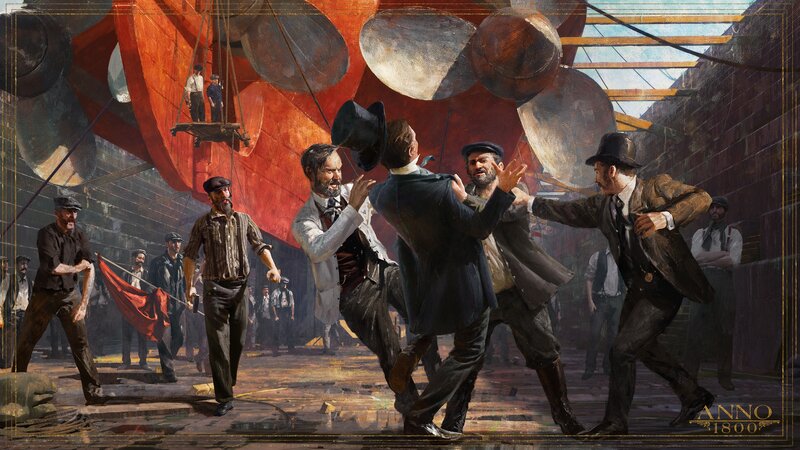 Men Fighting in a Shipyard