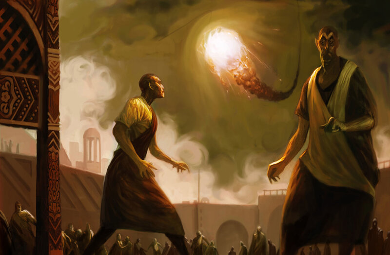 Men fleeing a falling meteor