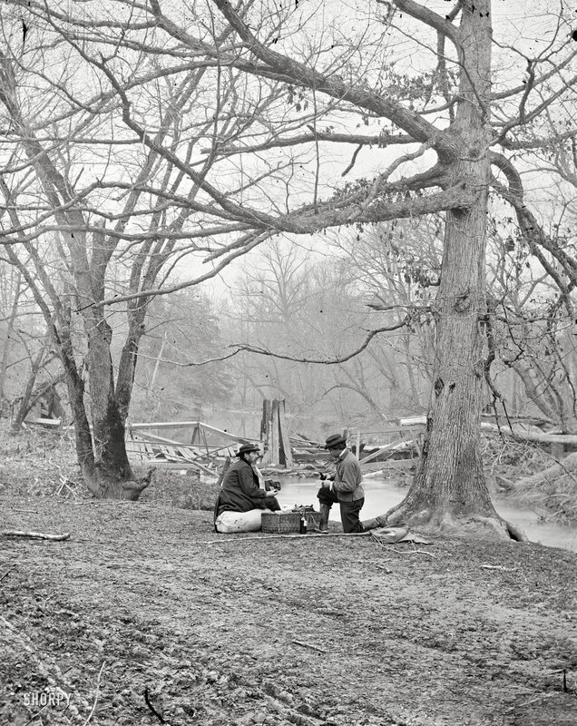Men having picnic by river