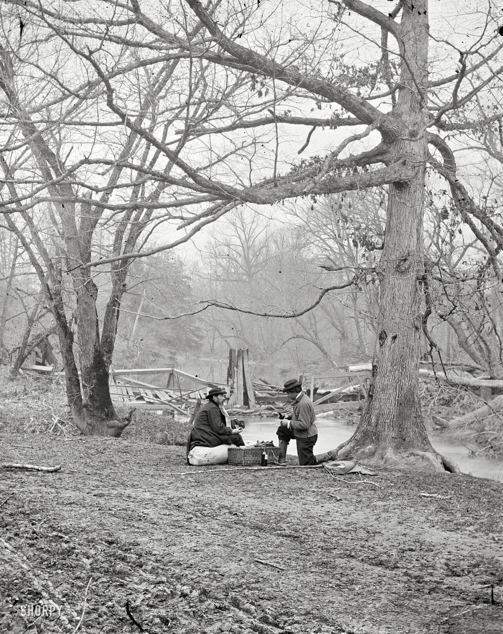 Men having picnic by river