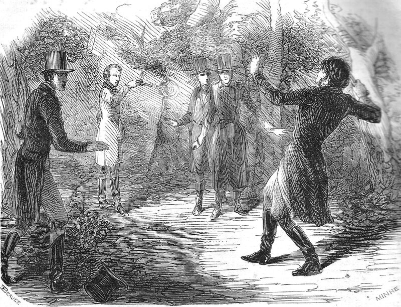 Men in a forest confrontation