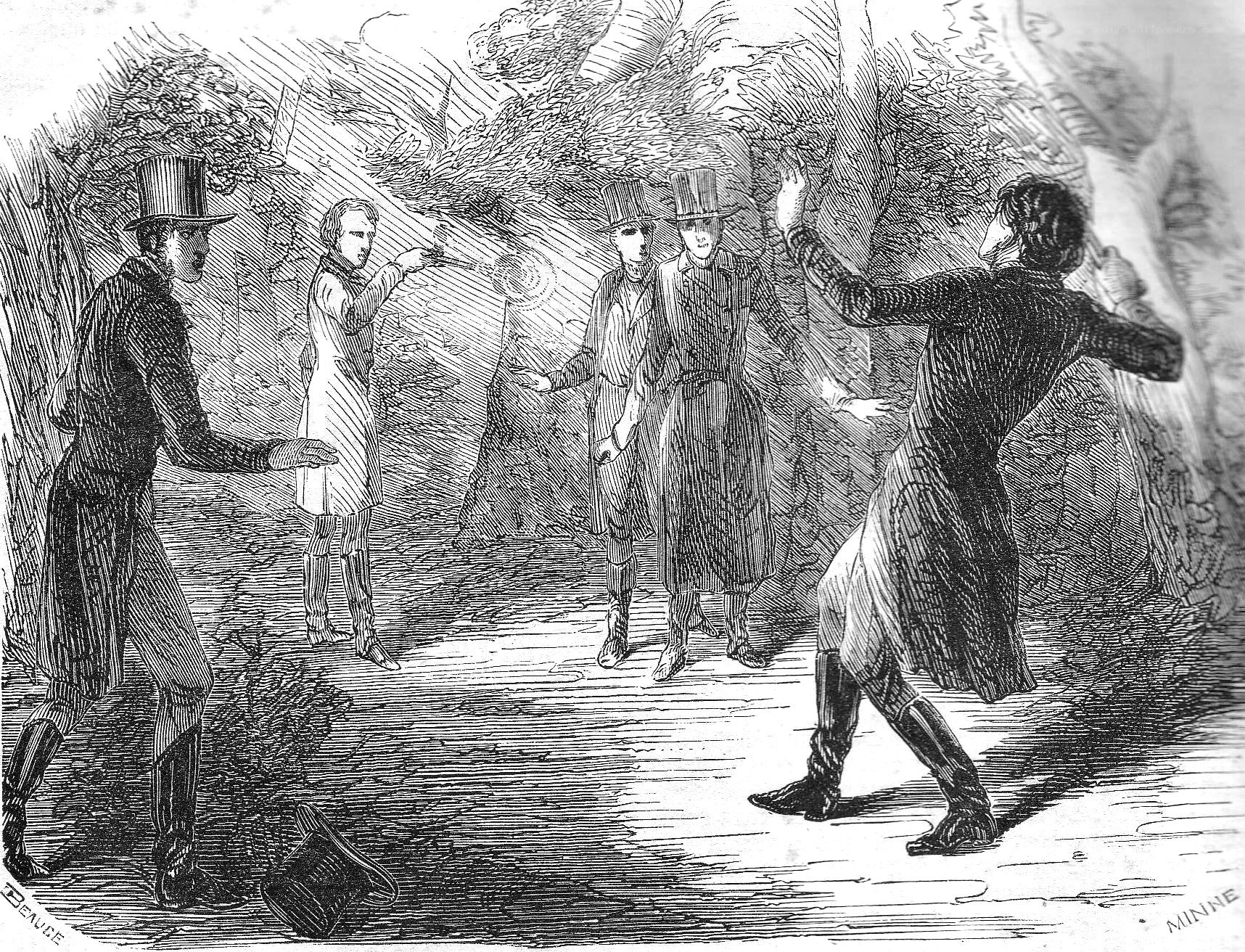 Men in a forest confrontation