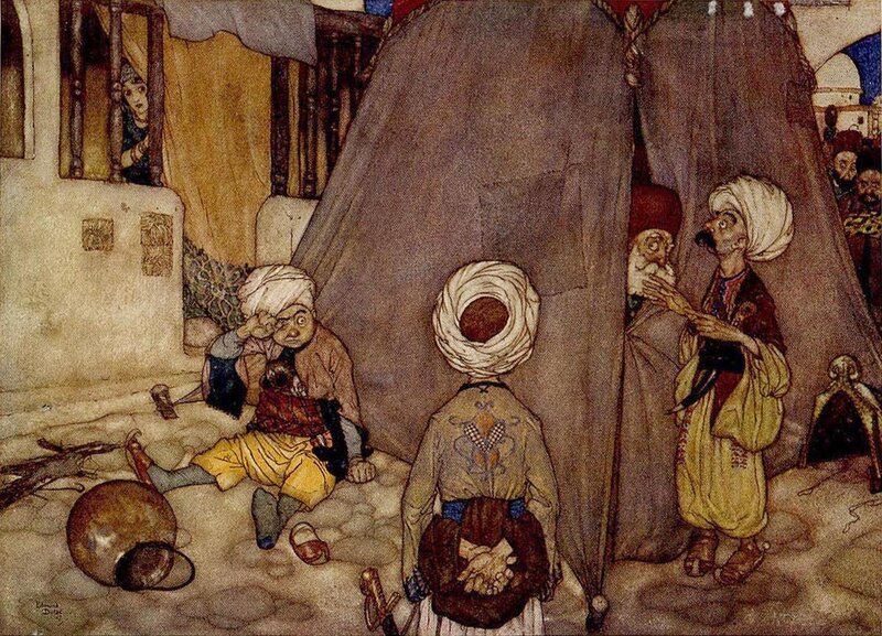 Men in a tent scene