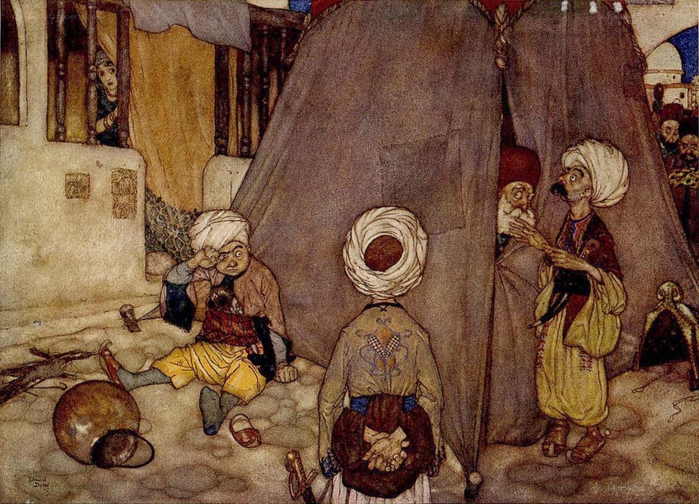Men in a tent scene