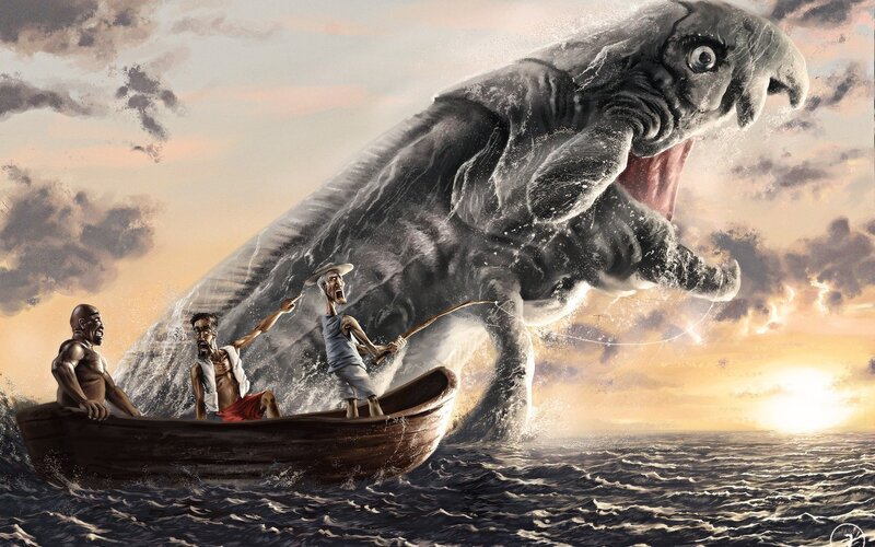 Men in Boat with Sea Monster — Gray, Dramatic