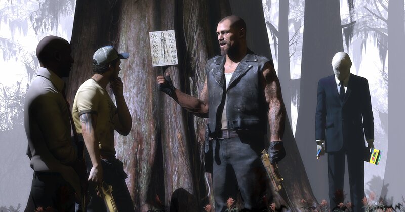 Men in Forest with Sign — Gray